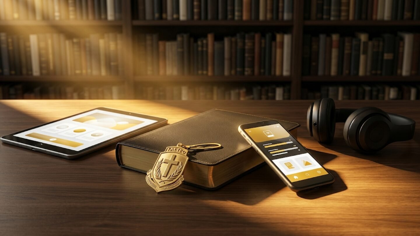 Bíblia, credencial de capelão e portal do aluno no celular — curso de capelania online da FAETEO