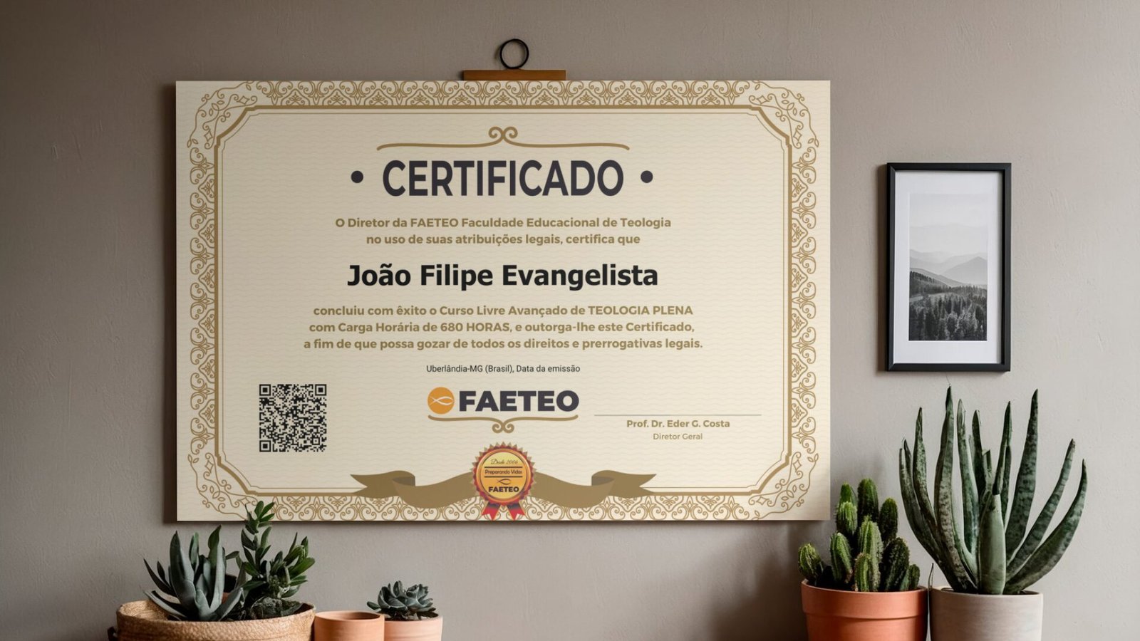 Modelo de certificado do curso de teologia da FAETEO