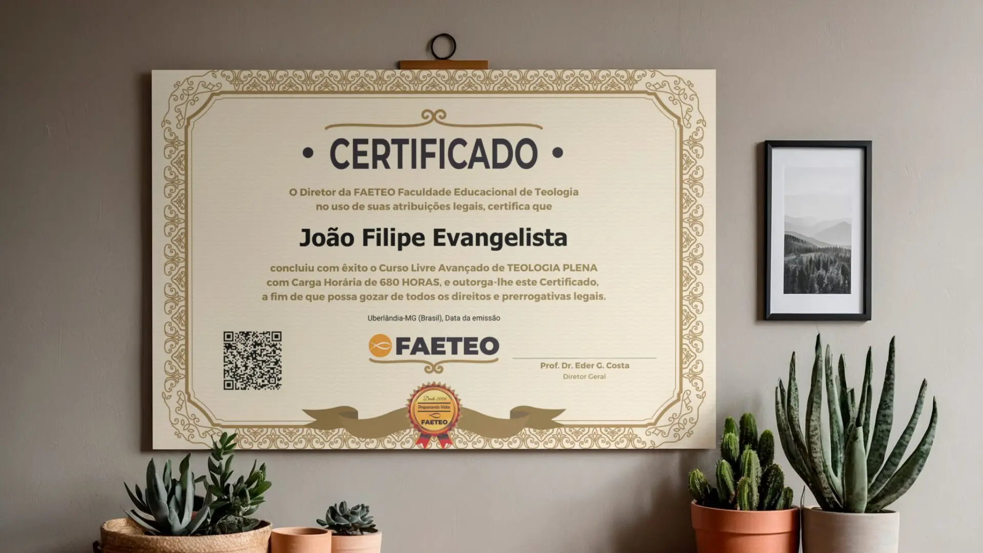Modelo de certificado do curso de teologia da FAETEO
