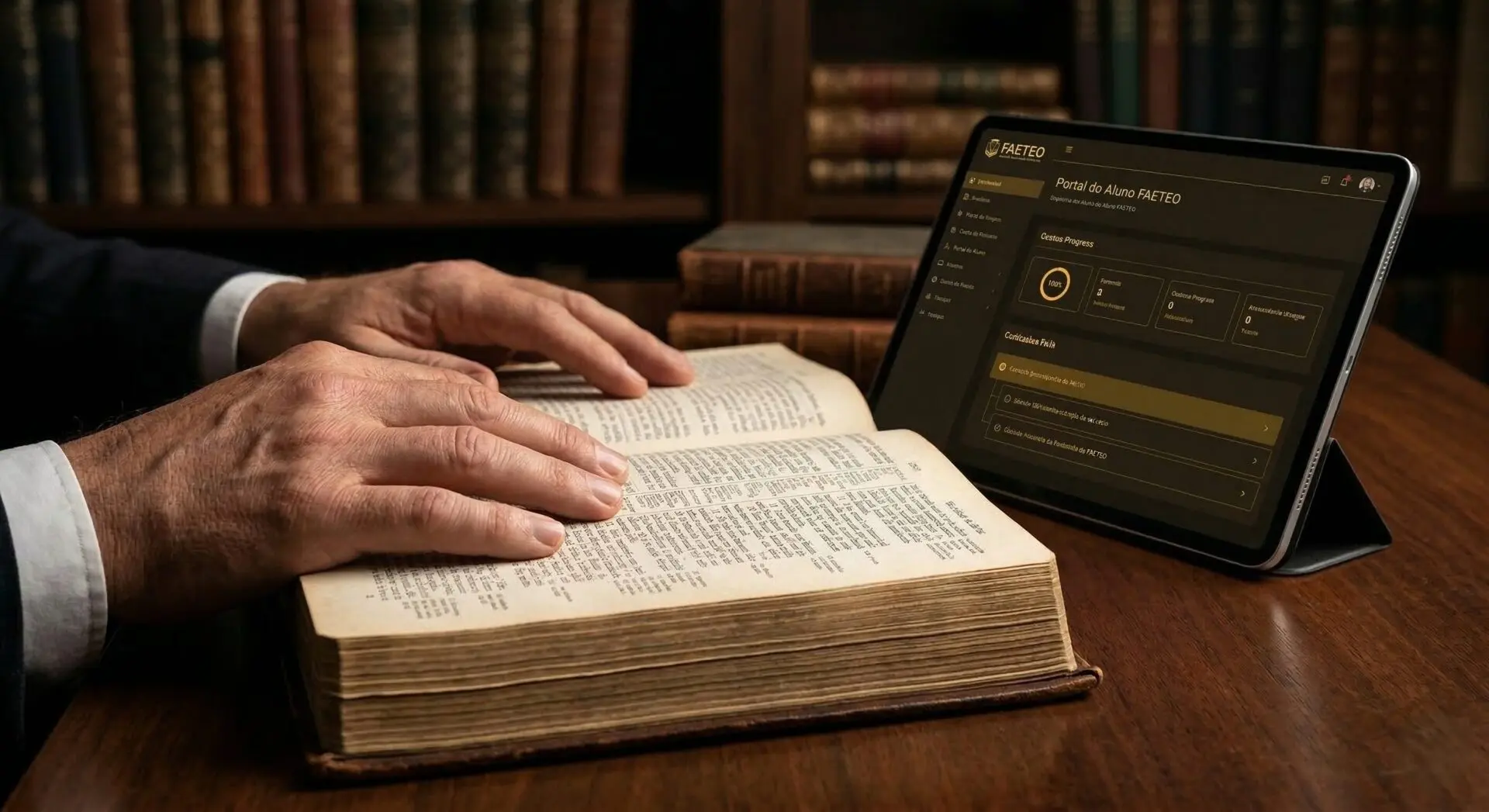 Mãos maduras sobre Bíblia antiga e tablet com Portal do Aluno FAETEO, representando a metodologia de ensino teológico EAD clássico