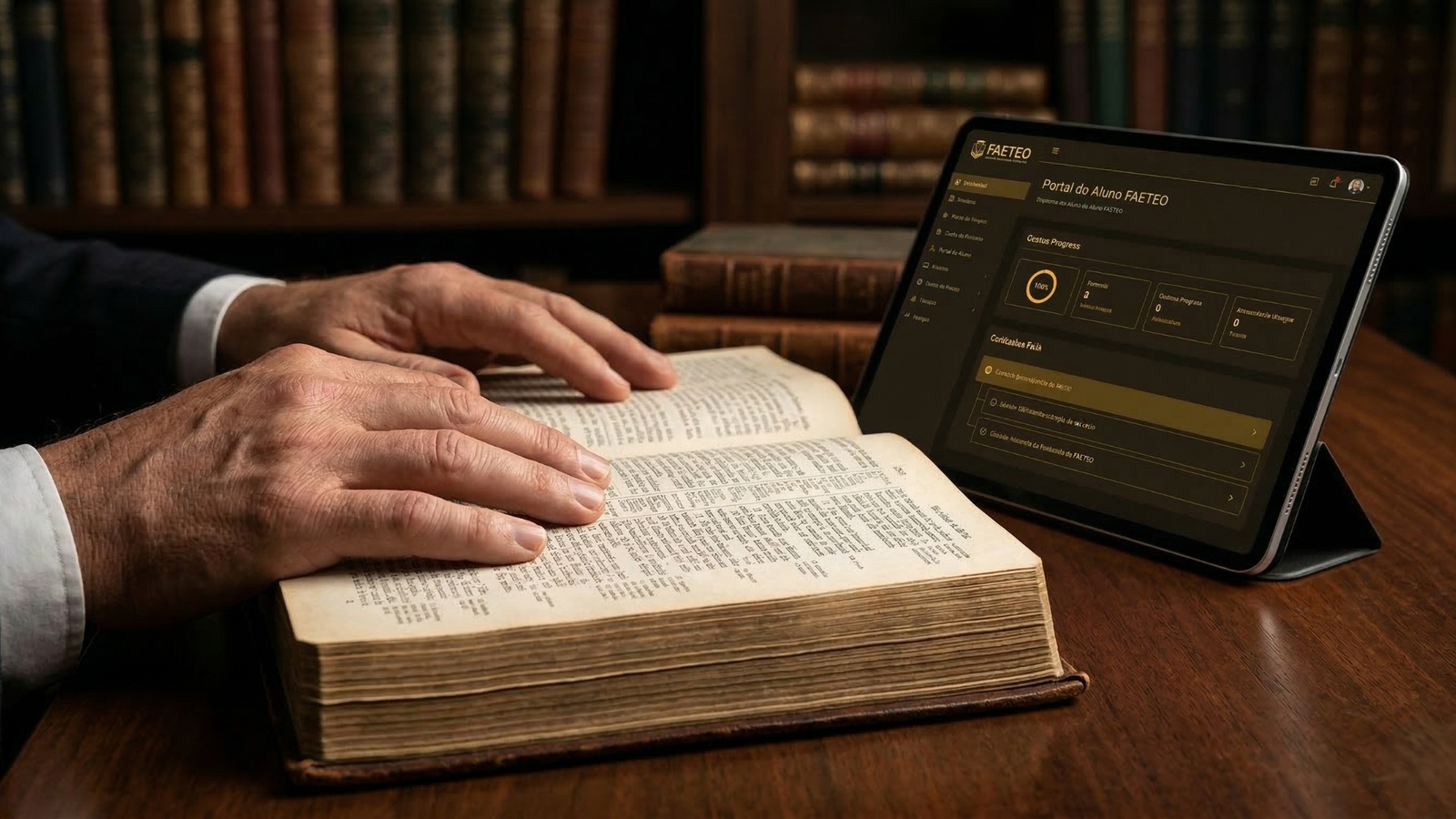 Bíblia aberta e tablet com o portal do aluno da FAETEO, para estudar teologia online